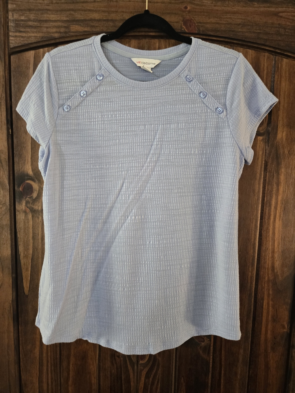 Liz Claiborne Pale Blue Short Sleeve Button-Accent Knit Top